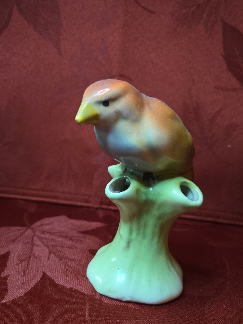 Vintage Orange And YelloCeramic Bird Figurine on Green Perch
